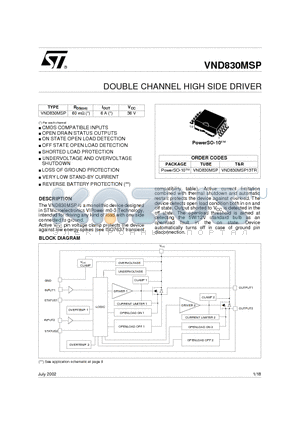 VND830MSP13TR datasheet - DOUBLE CHANNEL HIGH SIDE DRIVER