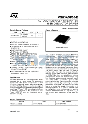 VNH3ASP30TR-E datasheet - AUTOMOTIVE FULLY INTEGRATED H-BRIDGE MOTOR DRIVER