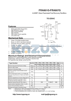 TO-220AC datasheet - 8.0AMP. Glass Passivated Fast Recovery Rectifiers