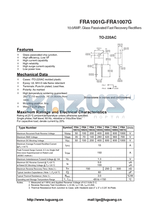 TO-220AC datasheet - 10.0AMP. Glass Passivated Fast Recovery Rectifiers