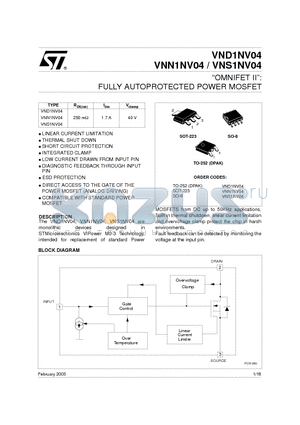 VNN1NV04 datasheet - OMNIFET II: FULLY AUTOPROTECTED POWER MOSFET