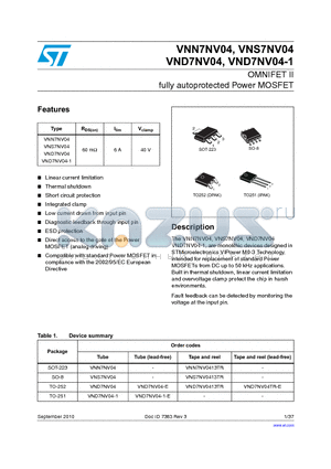 VNN7NV04 datasheet - OMNIFET II fully autoprotected Power MOSFET