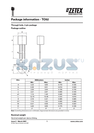 TO92 datasheet - Through hole, 3 pin package Package outline