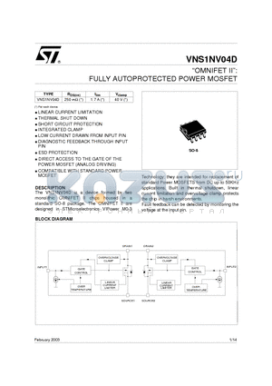 VNS1NV04D datasheet - OMNIFET II: FULLY AUTOPROTECTED POWER MOSFET