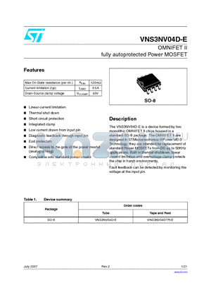 VNS3NV04DTR-E datasheet - OMNIFET II fully autoprotected Power MOSFET