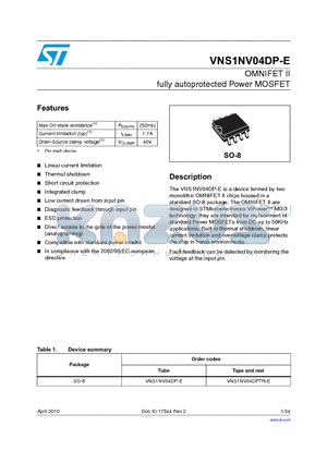 VNS1NV04DP-E datasheet - OMNIFET II fully autoprotected Power MOSFET