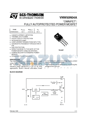 VNW50N04A datasheet - OMNIFET: FULLY AUTOPROTECTED POWER MOSFET