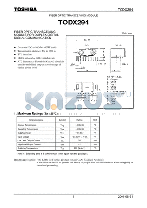 TODX294 datasheet - FIBER OPTIC TRANSCEIVING MODULE FOR DUPLEX DIGITAL SIGNAL COMMUNICATION