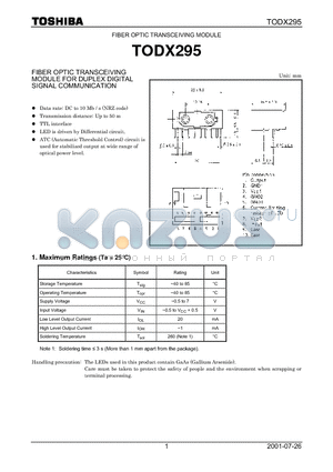 TODX295 datasheet - FIBER OPTIC TRANSCEIVING MODULE