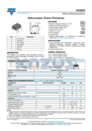 VO2223-X001 datasheet - Optocoupler, Power Phototriac