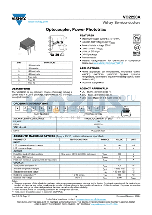 VO2223A datasheet - Optocoupler, Power Phototriac