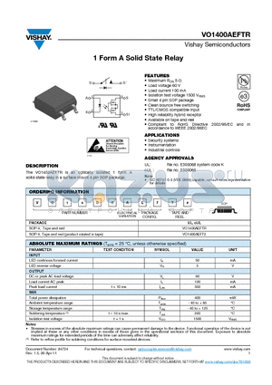 VO1400AEFTR datasheet - 1 Form A Solid State Relay