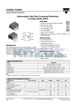 VO3052 datasheet - Optocoupler, Non Zero Crossing Phototriac, 1.5 kV/ls dV/dt, 600 V
