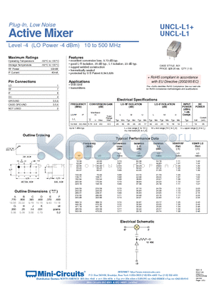 UNCL-L1+ datasheet - Plug-In, Low Noise Active Mixer (Level -4(LO Power -4 dBm) 10 to 500 MHz)