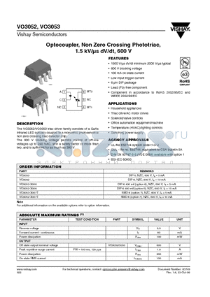 VO3053 datasheet - Optocoupler, Non Zero Crossing Phototriac, 1.5 kV/ls dV/dt, 600 V