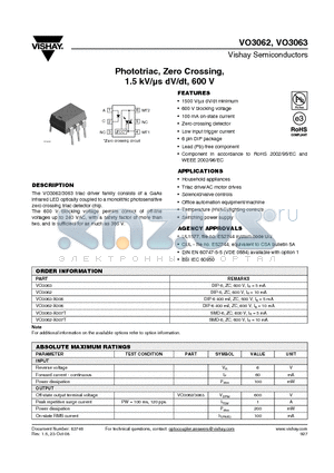 VO3063-X006 datasheet - Phototriac, Zero Crossing, 1.5 kV/ls dV/dt, 600 V