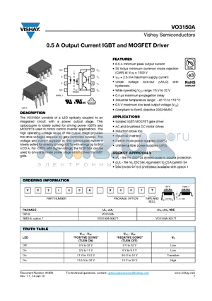 VO3150A datasheet - 0.5 A Output Current IGBT and MOSFET Driver