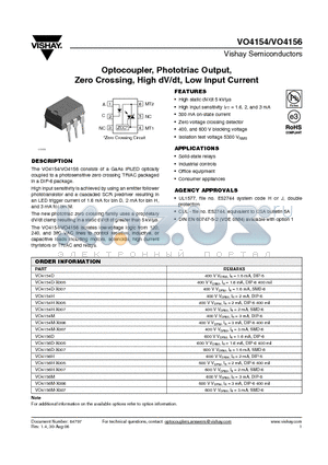 VO4154D datasheet - Optocoupler, Phototriac Output, Zero Crossing, High dV/dt, Low Input Current