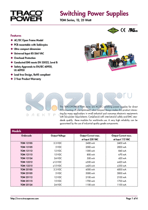 TOM12103 datasheet - Switching Power Supplies - TOM Series, 12, 25 Watt