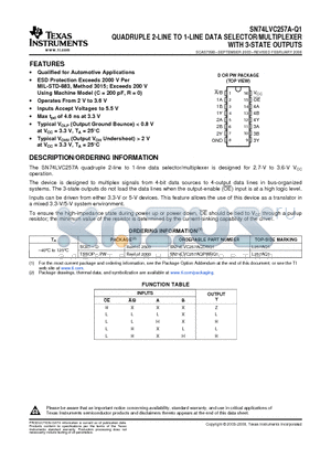 SN74LVC257AQDRG4Q1 datasheet - QUADRUPLE 2-LINE TO 1-LINE DATA SELECTOR/MULTIPLEXER WITH 3-STATE OUTPUTS