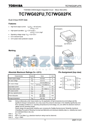 TC7WG02FK datasheet - CMOS Digital Integrated Circuit Silicon Monolithic Dual 2-Input NOR Gate