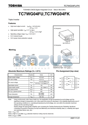 TC7WG04FK datasheet - CMOS Digital Integrated Circuit Silicon Monolithic Triple Inverter