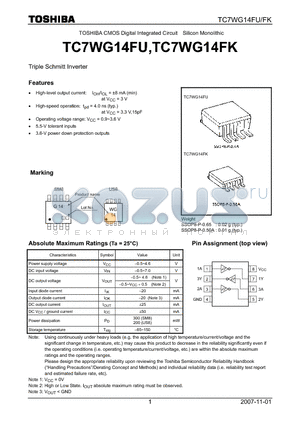TC7WG14FU datasheet - CMOS Digital Integrated Circuit Silicon Monolithic Triple Schmitt Inverter