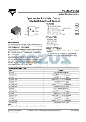 VO4254 datasheet - Optocoupler, Phototriac Output, High dV/dt, Low Input Current