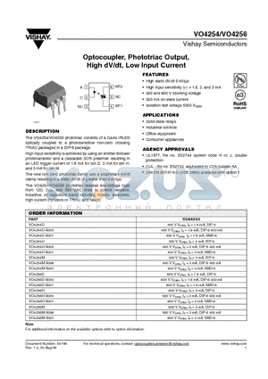 VO4254D datasheet - Optocoupler, Phototriac Output, High dV/dt, Low Input Current