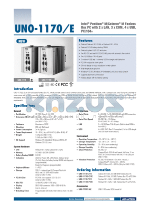 UNO-1170E-C11E datasheet - Intel Pentium M/Celeron M Fanless Box PC with 2 x LAN, 3 x COM, 4 x USB, PC/104