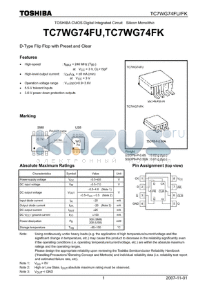 TC7WG74FK datasheet - CMOS Digital Integrated Circuit Silicon Monolithic D-Type Flip Flop with Preset and Clear