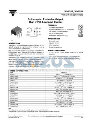 VO4257 datasheet - Optocoupler, Phototriac Output, High dV/dt, Low Input Current