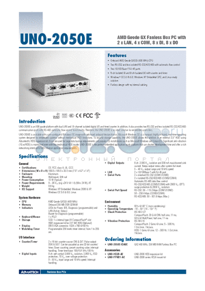 UNO-2050E datasheet - AMD Geode GX Fanless Box PC with 2 x LAN, 4 x COM, 8 x DI, 8 x DO