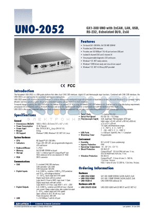 UNO-2052 datasheet - GX1-300 UNO with 2xCAN, LAN, USB, RS-232, 8xIsolated DI/O, 2xAI