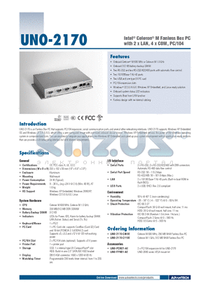 UNO-2170 datasheet - Intel^ Celeron^ M Fanless Box PC with 2 x LAN, 4 x COM, PC/104
