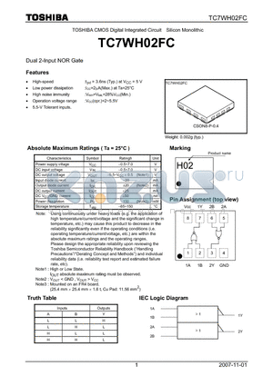 TC7WH02FC datasheet - CMOS Digital Integrated Circuit Silicon Monolithic Dual 2-Input NOR Gate