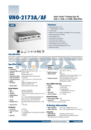 UNO-2173AF-A12E datasheet - Intel^ Atom Fanless Box PC with 1 x LAN, 2 x COM, Mini-PCIe