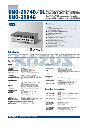 UNO-2174G datasheet - Intel^ Celeron^ Automation Computers with 4 x GbE, 2 x Mini PCIe, DVI/DP/HDMI