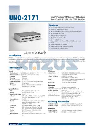 UNO-2171 datasheet - Intel^ Pentium^ M/Celeron^ M Fanless Box PC with 2 x LAN, 4 x COM, PC/104