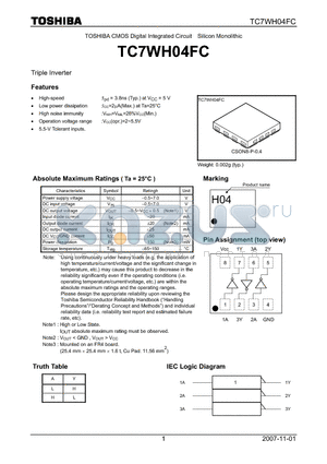 TC7WH04FC datasheet - CMOS Digital Integrated Circuit Silicon Monolithic Triple Inverter