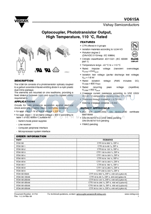 VO615A-3 datasheet - Optocoupler, Phototransistor Output, High Temperature, 110 `C, Rated