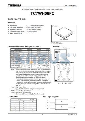 TC7WH08FC datasheet - CMOS Digital Integrated Circuit Silicon Monolithic Dual 2-Input AND Gate