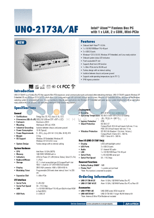 UNO-2173A datasheet - Intel^ Atom Fanless Box PC with 1 x LAN, 2 x COM, Mini-PCIe