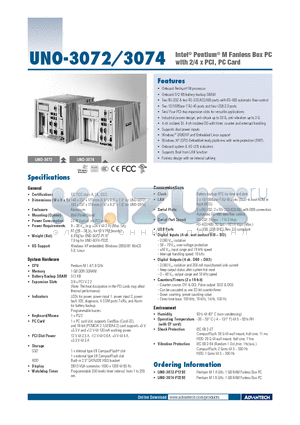 UNO-3072 datasheet - Intel^ Pentium^ M Fanless Box PC with 2/4 x PCI, PC Card