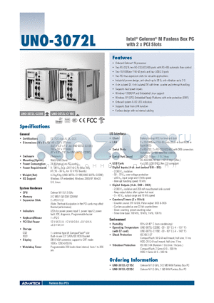 UNO-3072L datasheet - Intel^ Celeron^ M Fanless Box PC with 2 x PCI Slots