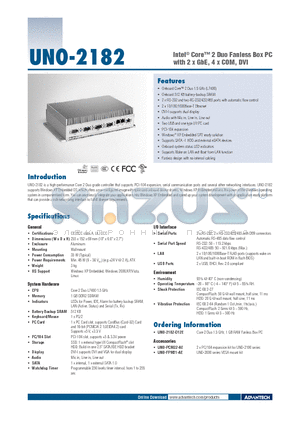 UNO-2182-D12E datasheet - Intel^ Core 2 Duo Fanless Box PC with 2 x GbE, 4 x COM, DVI