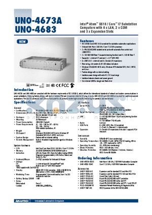 UNO-4673A-A33E datasheet - Intel^ Atom D510 / Core i7 Substation Computers with 6 x LAN, 2 x COM and 3 x Expansion Slots