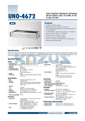 UNO-4672-C12E datasheet - Intel^ Pentium^ M/Celeron^ M Fanless Box PC with 6 x LAN, 10 x COM, 8 x DI, 8 x DO, PC/104