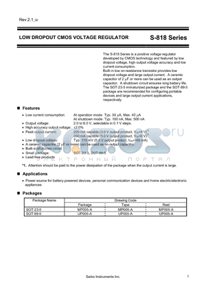 S-818 datasheet - LOW DROPOUT CMOS VOLTAGE REGULATOR