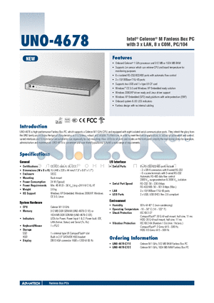 UNO-4678 datasheet - Intel^ Celeron^ M Fanless Box PC with 3 x LAN, 8 x COM, PC/104